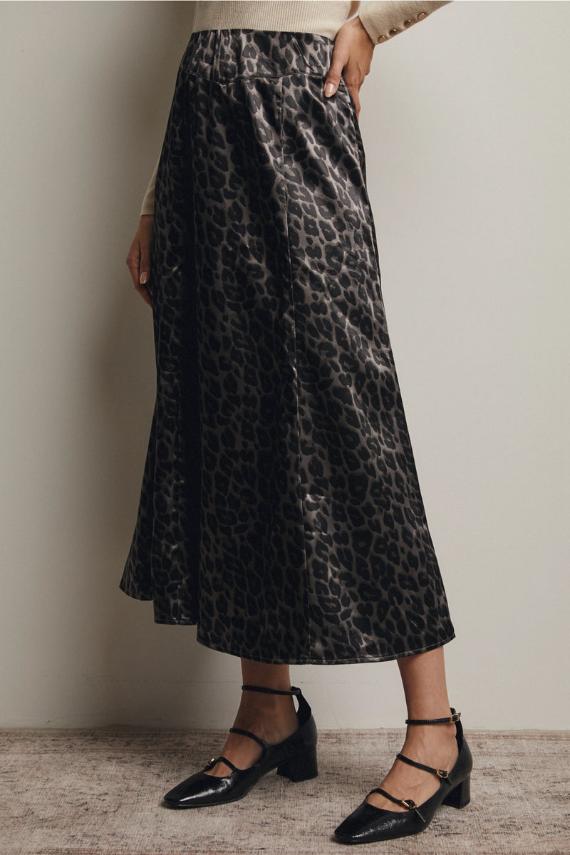 Leopard Print Satin Midi Skirt