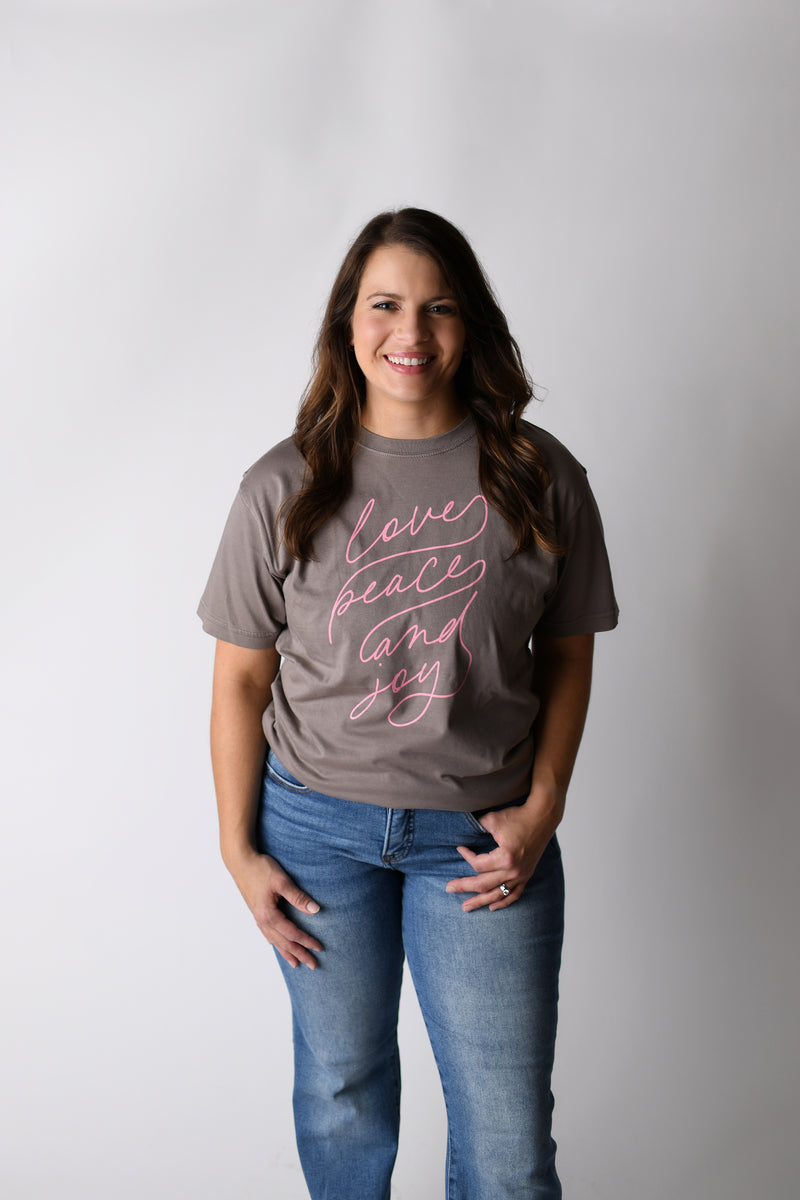LOVE PEACE AND JOY TEE IN MUSHROOM