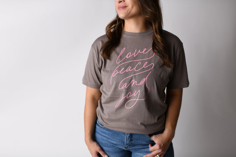 LOVE PEACE AND JOY TEE IN MUSHROOM