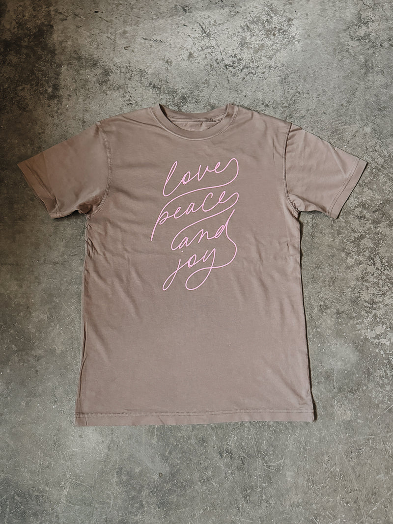 LOVE PEACE AND JOY TEE IN MUSHROOM