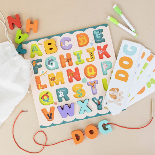 Abc Puzzle Set with Flashcards, Whiteboard, Lacing String and Storage Bag
