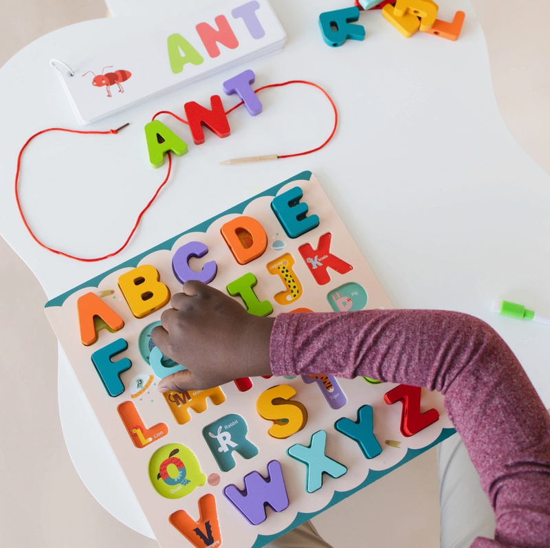 Abc Puzzle Set with Flashcards, Whiteboard, Lacing String and Storage Bag