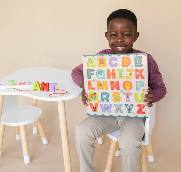 Abc Puzzle Set with Flashcards, Whiteboard, Lacing String and Storage Bag