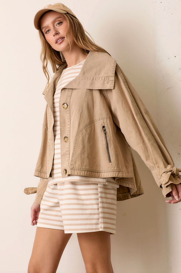 Washed Wide Collar Button Closure Jacket