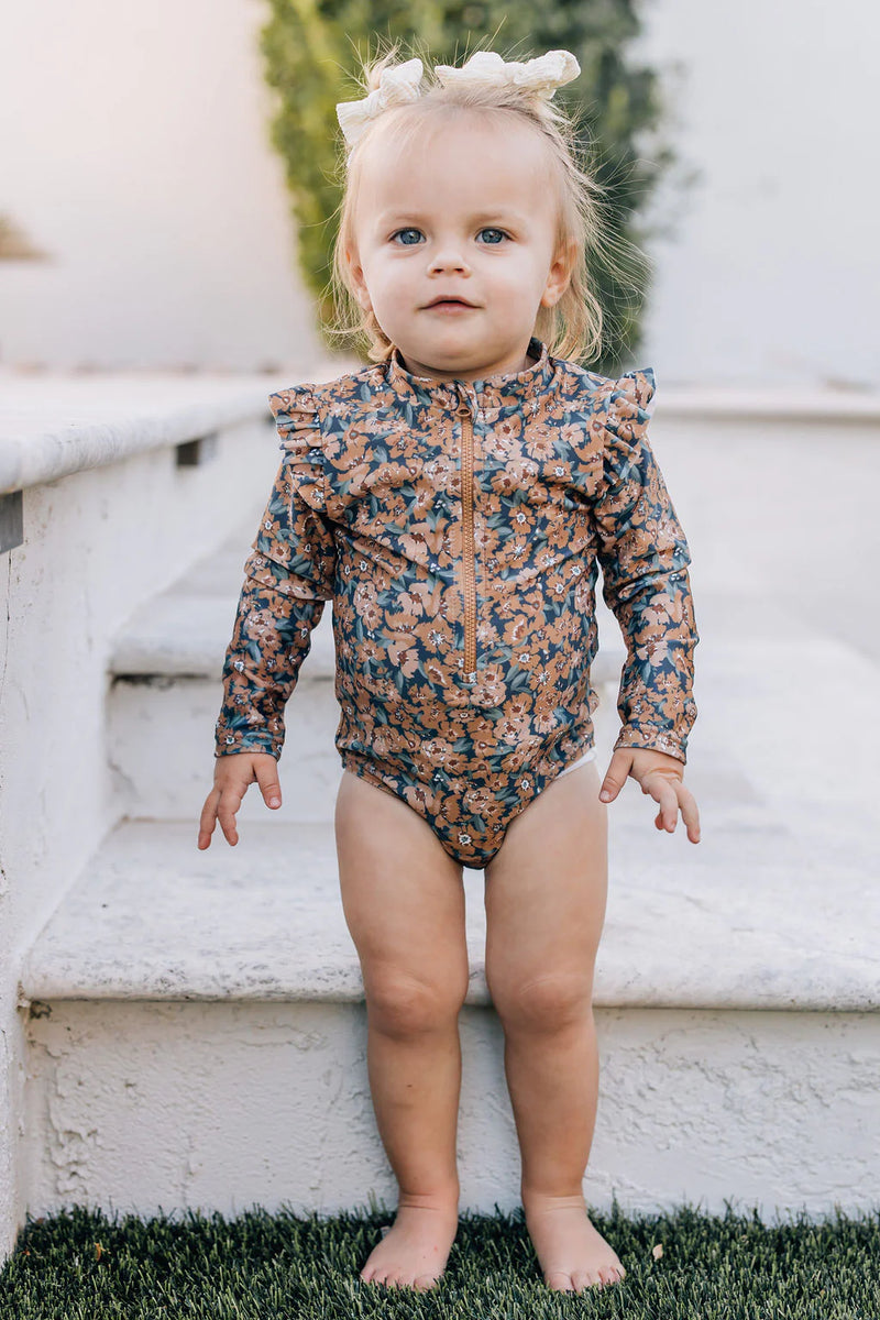 Floral Long Sleeve Ruffle Swimsuit