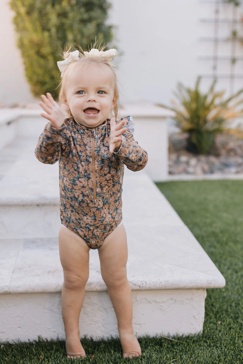 Floral Long Sleeve Ruffle Swimsuit