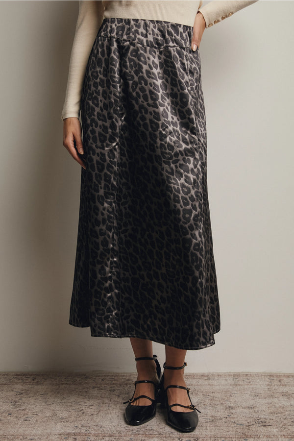 Leopard Print Satin Midi Skirt