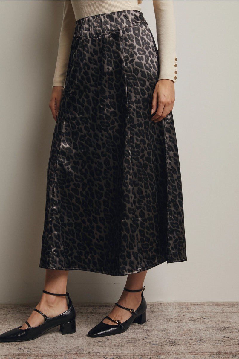 Leopard Print Satin Midi Skirt
