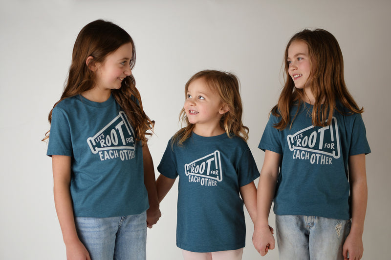 LET'S ROOT FOR EACH OTHER KIDS TEE IN DEEP TEAL