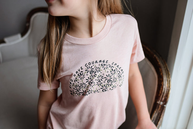 BE KIND. HAVE COURAGE. SPREAD JOY. KIDS TEE IN PEACH